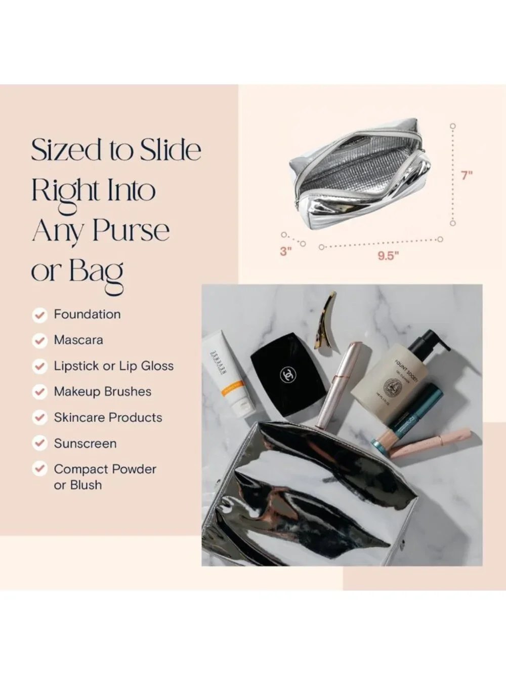 Heat-Resistant Waterproof Makeup Bag | Metallic Silver Vegan Leather Organizer